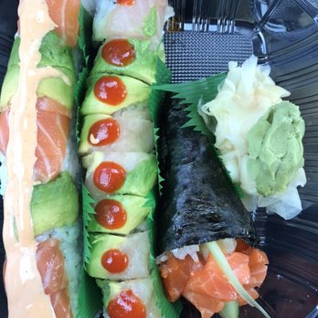 Sushi Kuchi - From left to right: sunshine roll, house roll, spicy salmon hand roll - Japanese Near Me - Carlsbad, California