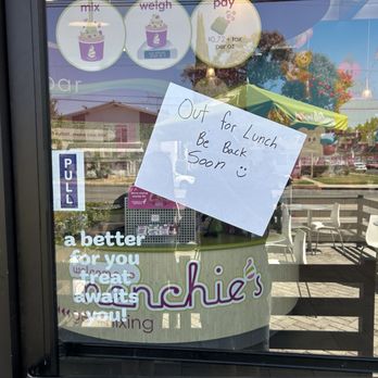 Menchie's Frozen Yogurt - A handwritten sign that says be back soon out to lunch in the middle of the posted hours of operation. - Ice Cream & Frozen Yogurt Near Me - Burbank, California Menchie's Frozen Yogurt - A handwritten sign that says be back soon out to lunch in the middle of the posted hours of operation. - Ice Cream & Frozen Yogurt Near Me - Burbank, California