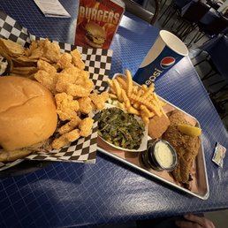 Pulled Pork Sandwich with tots, chip, and coleslaw. Fried Catfish with collards, krinkle fries, and cornbread Pulled Pork Sandwich with tots, chip, and coleslaw. Fried Catfish with collards, krinkle fries, and cornbread