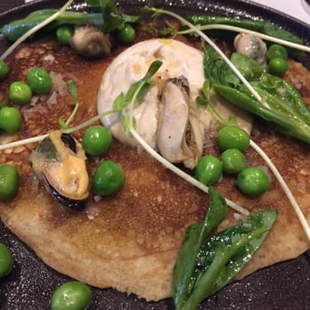 Roister - Sourdough pancake with Mussel - New American Near Me - Chicago, Illinois Roister - Sourdough pancake with Mussel - New American Near Me - Chicago, Illinois