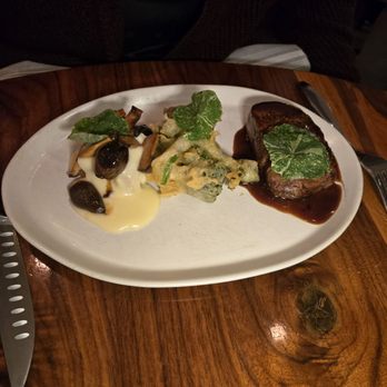 White and Wood - Steak dinner, broccoli tempora, and a cheesy potato cake - Wine Bars Near Me - Greensboro, North Carolina