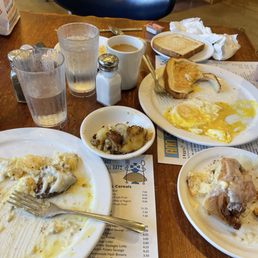 Remnants of biscuits and sausage gravy, eggs, cinnamon rolls, hash browns Remnants of biscuits and sausage gravy, eggs, cinnamon rolls, hash browns