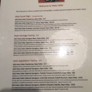 Heitz Cellar - Attached is the tasting menu! With the complimentary option. - Wineries Near Me - St. Helena, California Heitz Cellar - Attached is the tasting menu! With the complimentary option. - Wineries Near Me - St. Helena, California