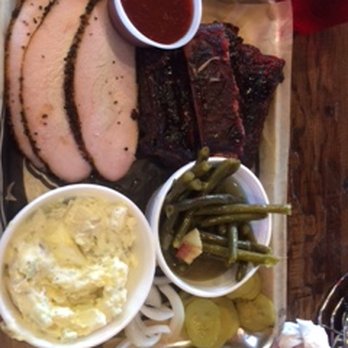Cypress Trail Hideout - Turkey, ribs, greenbeans and potato salad. Extra BBQ sauce. It was very very good. hit the spot - Smokehouse Near Me - Cypress, Texas