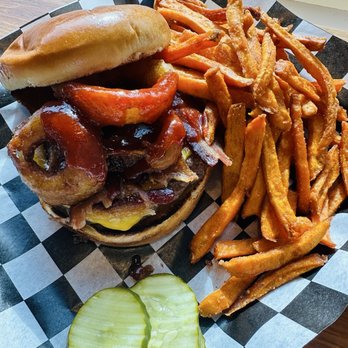 Outlaw Grille - Cowboy burger with sweet potato fries and pickles 4/2026 - Salad Near Me - Sedona, Arizona Outlaw Grille - Cowboy burger with sweet potato fries and pickles 4/2026 - Salad Near Me - Sedona, Arizona
