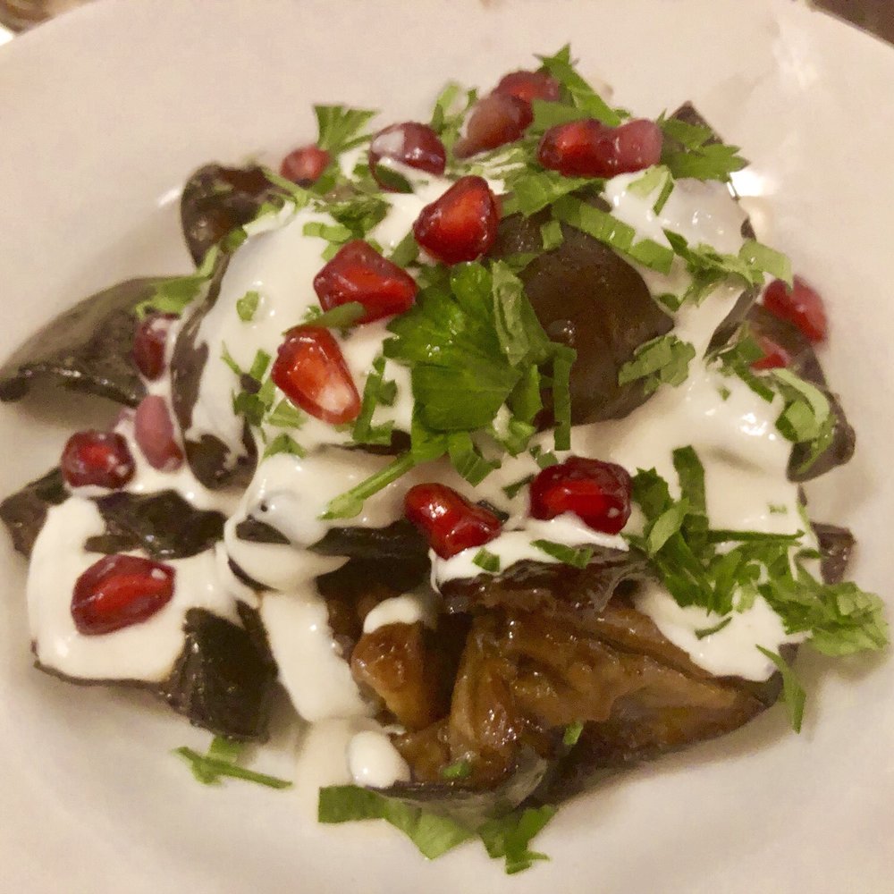 Kubeh - Roasted Eggplant with Pomegranate, Mint and Tahini - Middle Eastern Near Me - New York, New York Kubeh - Roasted Eggplant with Pomegranate, Mint and Tahini - Middle Eastern Near Me - New York, New York