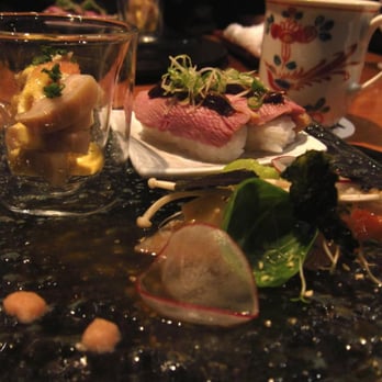 Wakuriya - Appetizer course: Ocean trout salad, duck nigiri and lotus root and egg - Japanese Near Me - San Mateo, California Wakuriya - Appetizer course: Ocean trout salad, duck nigiri and lotus root and egg - Japanese Near Me - San Mateo, California