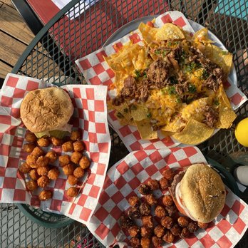Arrowhead Lodge - House Burgers with tater tots and the pulled pork nachos. - Hotels Near Me - Dayton, Wyoming Arrowhead Lodge - House Burgers with tater tots and the pulled pork nachos. - Hotels Near Me - Dayton, Wyoming