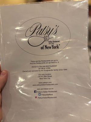 Menu photo 1 Patsy's Italian Restaurant New York, NY Menu photo 1 Patsy's Italian Restaurant New York, NY