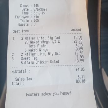 Hooters - a receipt for a restaurant - Sports Bars Near Me - Webster, Texas Hooters - a receipt for a restaurant - Sports Bars Near Me - Webster, Texas