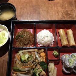 Golden Chopsticks - Bento box: rice, spring rolls, California rolls, noodles, stir fry