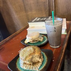 Uncommon Coffee - coconut pandan muffin, breakfast sandwich, iced maple hojicha latte