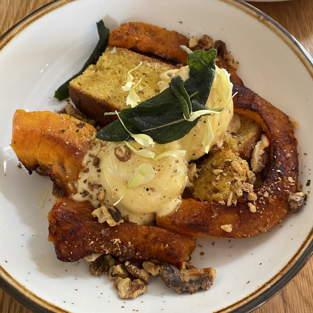afternoon - poached eggs over cornbread and squash - New American Near Me - Gainesville, Florida