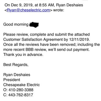 Chesapeake Electric - Initial offer to reimburse for damages was reneged - Electricians Near Me - Annapolis, Maryland