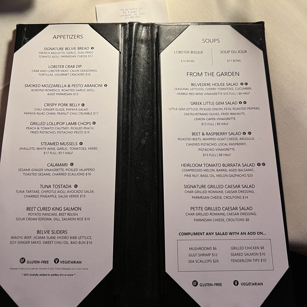 The Belvedere Inn - Menu 1st page - New American Near Me - Lancaster, Pennsylvania