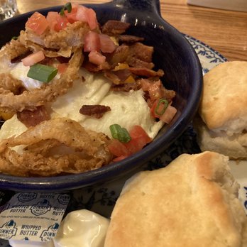 Cracker Barrel Old Country Store - Hashbrown casserole layered with cheese, eggs, and bacon topped with onion rings and raw tomato..? - American Near Me - Bradenton, Florida Cracker Barrel Old Country Store - Hashbrown casserole layered with cheese, eggs, and bacon topped with onion rings and raw tomato..? - American Near Me - Bradenton, Florida