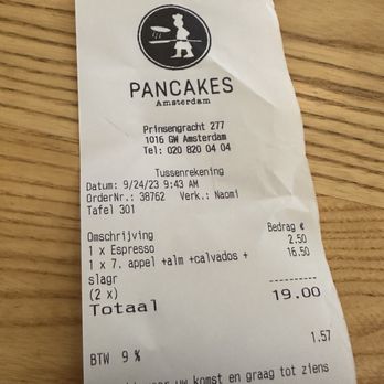 PANCAKES Amsterdam - Example receipt. This is about $20.28 in USD - Pancakes Near Me - Amsterdam, New Hampshire PANCAKES Amsterdam - Example receipt. This is about $20.28 in USD - Pancakes Near Me - Amsterdam, New Hampshire