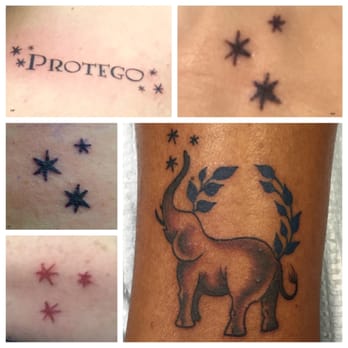 Oddity Tattoo - A group of friends got the Harry Potter stars from the top of each page. One got a protection spell with the stars, and a patronus. - Tattoo Near Me - Sarasota, Florida