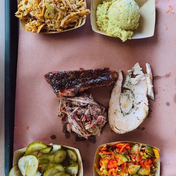 la Barbecue - Chipotle Slaw, Potato Salad, Sweet Pepper Cucumber Kimchi, Spicy Garlic Pickles, Pork Rib, Turkey, Chopped Brisket ($33) - Barbeque Near Me - Austin, Texas la Barbecue - Chipotle Slaw, Potato Salad, Sweet Pepper Cucumber Kimchi, Spicy Garlic Pickles, Pork Rib, Turkey, Chopped Brisket ($33) - Barbeque Near Me - Austin, Texas