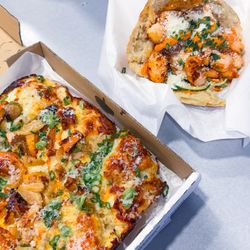 Little Bear Street Eats - Garlic Truffle Pizza and shrimp doner