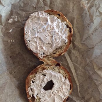 Einstein Bros. Bagels - Cinnamon Raisin Bagel with Strawberry Cream Cheese. So good, but I wanted MORE CREAM CHEESE. - Bagels Near Me - Pasadena, California