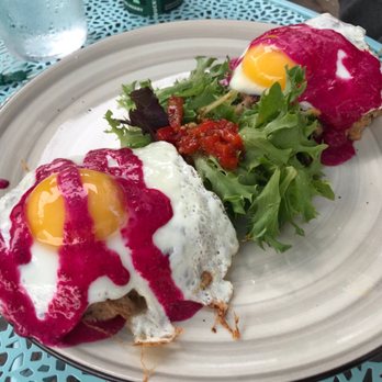 Common Restaurant  - Ginger scallion crab cake Benedict and beet hollandaise sauce - creative, also the crab cakes are big with no filler - Cocktail Bars Near Me - Savannah, Georgia