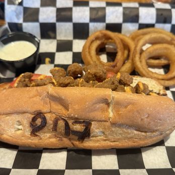 Warehouse 207 - Crawfish poboy with onion rings - Burgers Near Me - Scottsboro, Alabama