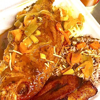 Island Coconut Kitchen - Wild caught Brown stew snapper with rice and peas and steam cabbage and fried plantains - Caribbean Near Me - Durham, North Carolina Island Coconut Kitchen - Wild caught Brown stew snapper with rice and peas and steam cabbage and fried plantains - Caribbean Near Me - Durham, North Carolina