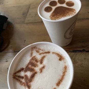 Seattle Meowtropolitan - Soy chai latte (left) and regular dairy milk chai (right) - Themed Cafes Near Me - Seattle, Washington Seattle Meowtropolitan - Soy chai latte (left) and regular dairy milk chai (right) - Themed Cafes Near Me - Seattle, Washington