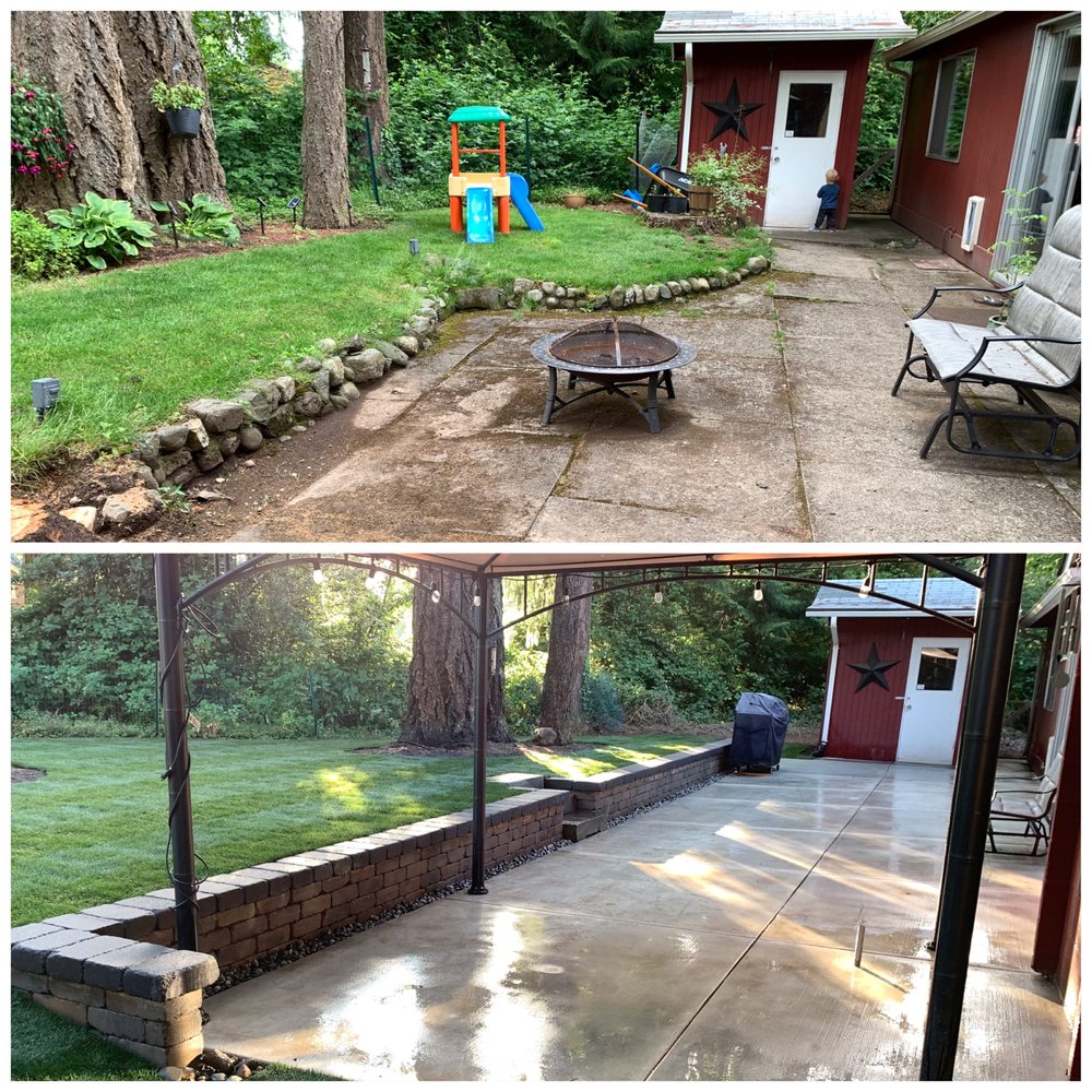 MC Landscape - Before and after of the patio with new concrete and retaining wall. - Landscaping Near Me