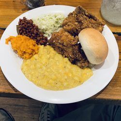 Johnny Mac’s - My FIRST plate... Sweet taters, peas, coleslaw, fried chicken, bread and cream corn...