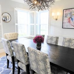 Lisa Jensen Interior Design - Modern eclectic dining room with bold colors and patterns and durable performance fabrics, by Lisa Jensen Interior Design.