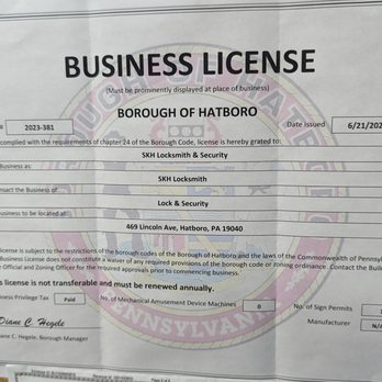SKH Locksmiths & Security - Our Business License - Keys & Locksmiths Near Me - Hatboro, Pennsylvania SKH Locksmiths & Security - Our Business License - Keys & Locksmiths Near Me - Hatboro, Pennsylvania