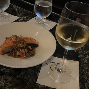 Carthay Circle Lounge - Soy glazed salmon over soba and glass of Chardonnay - Lounges Near Me - Anaheim, California Carthay Circle Lounge - Soy glazed salmon over soba and glass of Chardonnay - Lounges Near Me - Anaheim, California