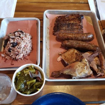 House of ‘Que - Half Pound Pulled Pork, Half Pound Ribs, Half Pound Sausage, Half Chicken, and a (not-so-) medium Collard Greens. - Barbeque Near Me - Hoboken, New Jersey