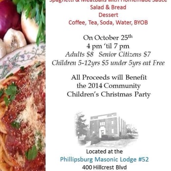 Phillipsburg Masonic Lodge - Fundraiser All-You-Can-Eat Homemade Spaghetti & Meatballs Dinner - Religious Organizations Near Me - Phillipsburg, New Jersey Phillipsburg Masonic Lodge - Fundraiser All-You-Can-Eat Homemade Spaghetti & Meatballs Dinner - Religious Organizations Near Me - Phillipsburg, New Jersey