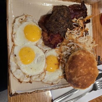 Social on Main - Uncle Billey eggs, sausages, bacon, hashbrowns with a cathead biscuit - Breakfast & Brunch Near Me - Blowing Rock, North Carolina Social on Main - Uncle Billey eggs, sausages, bacon, hashbrowns with a cathead biscuit - Breakfast & Brunch Near Me - Blowing Rock, North Carolina