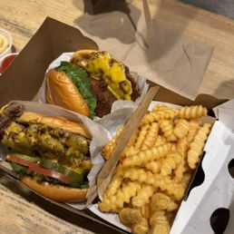 Shack Stack, Double Shackburger, and cheese fries with cheese on side Shack Stack, Double Shackburger, and cheese fries with cheese on side