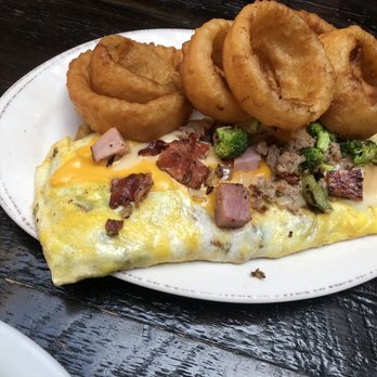 Donivan's Restaurant - Onion rings subbed for hash browns & toast with Change House Omelet - American Near Me - Anaconda, Montana Donivan's Restaurant - Onion rings subbed for hash browns & toast with Change House Omelet - American Near Me - Anaconda, Montana