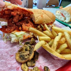 Po Boy Express - Buffalo Shrimp poboy, add Swiss cheese. Scored a few fried mushrooms, too. It's a good day.