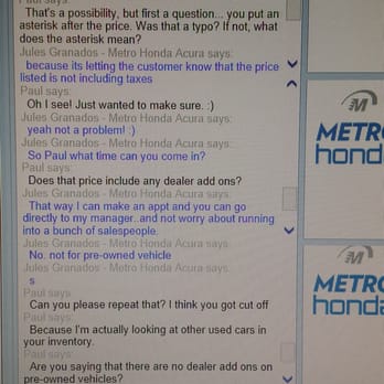 Metro Honda - Conversation with their online rep showing that there should not be any add-ons on preowned inventory. Proof of bait & switch! - Car Dealers Near Me - Montclair, California
