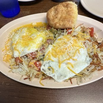 Blue and White Grill - Loaded hash browns with eggs and a biscuit - Diners Near Me - Hazel, Kentucky Blue and White Grill - Loaded hash browns with eggs and a biscuit - Diners Near Me - Hazel, Kentucky