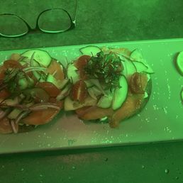 salmon tostadas, cheese burger! salmon tostadas, cheese burger!