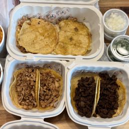 Take out, chicken, asada, and corn quesadillas one with chili verde and one with chicken. Pot beans and rice.