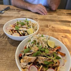 Moxies Richmond Restaurant - GRILLED Chicken Zen Bowl, split in two bowls. (Attention to plating still on point) so yummy!!