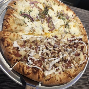 Stuft Pizza - Half "The Monroe" (on top) and half "Chicken Bacon Ranch" (bottom) - Pizza Near Me - Milpitas, California