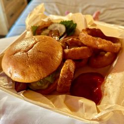 The Cliff Dwellers Restaurant - Southwest burger special with giant onion rings! So good!