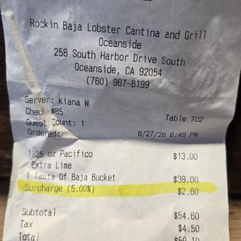 Rockin' Baja Lobster - SERVICE FEE is RIDICULOUS!! Especially when a manager tells you they never had a baja bucket for 1 when you've gotten it numerous times - Mexican Near Me - Oceanside, California Rockin' Baja Lobster - SERVICE FEE is RIDICULOUS!! Especially when a manager tells you they never had a baja bucket for 1 when you've gotten it numerous times - Mexican Near Me - Oceanside, California