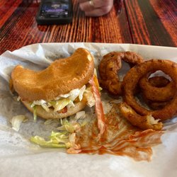 Grizzly Burger House - Bacon Cheese Burger and Onion Rings.