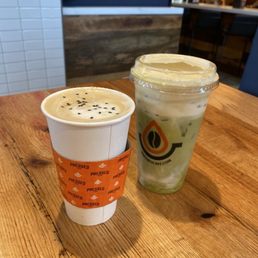Hot Halva Latte and Peach and Cream Matcha Latte